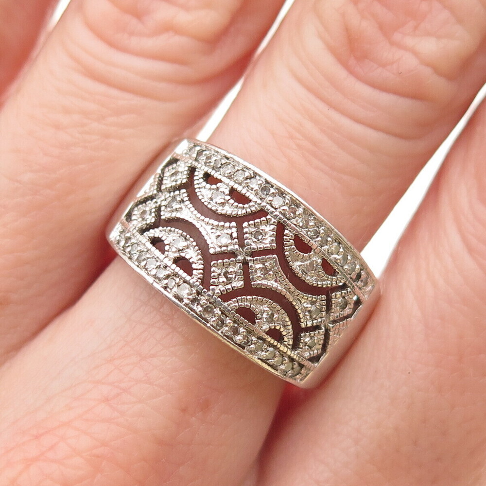 925 Sterling Silver Real Round-Cut Diamond Ornate Ring Size 8